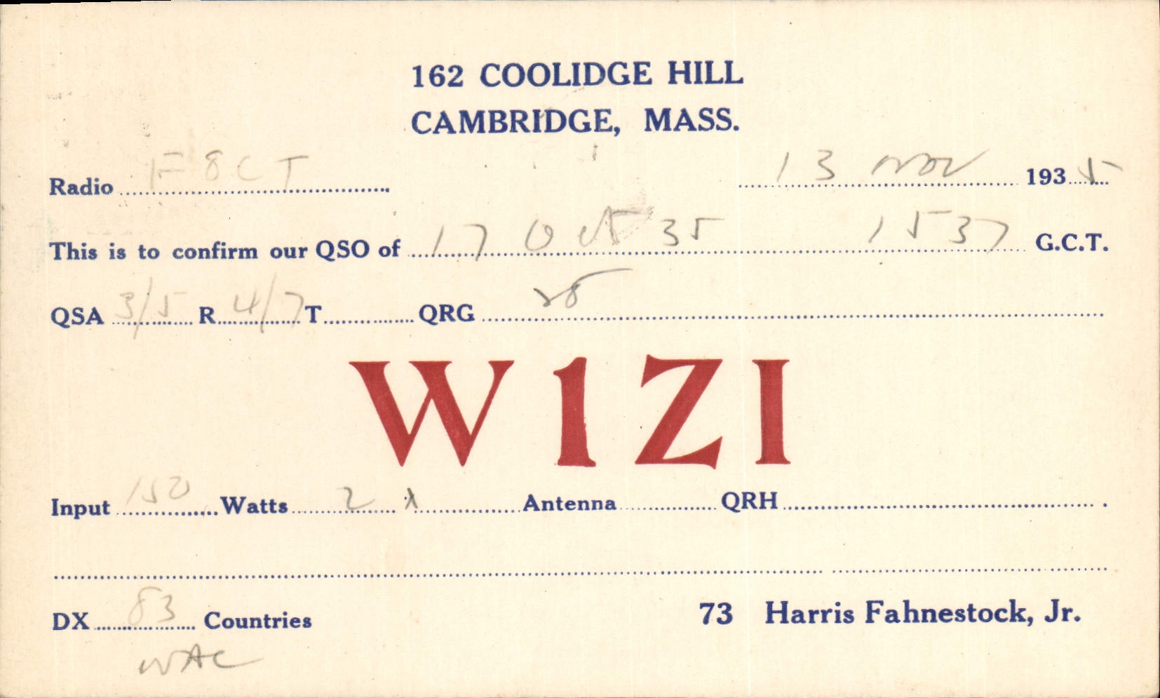 Cambridge, Massachusetts — QSO radio amateur — Harris Fahnestock, Jr. — W1ZI