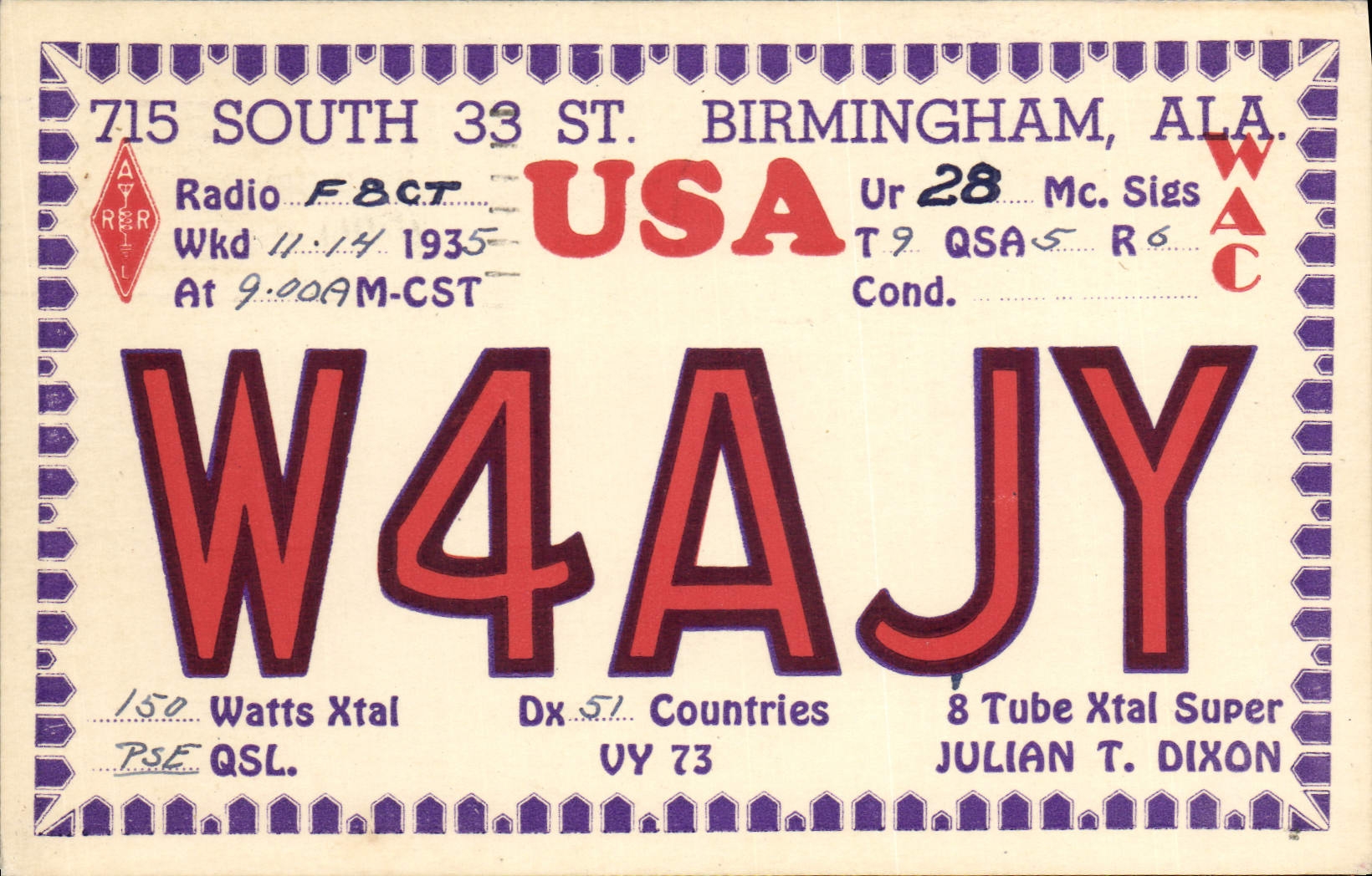 W4AJY — Station radio à Birmingham, Alabama — éditeur ATERIL, n° de série non visible