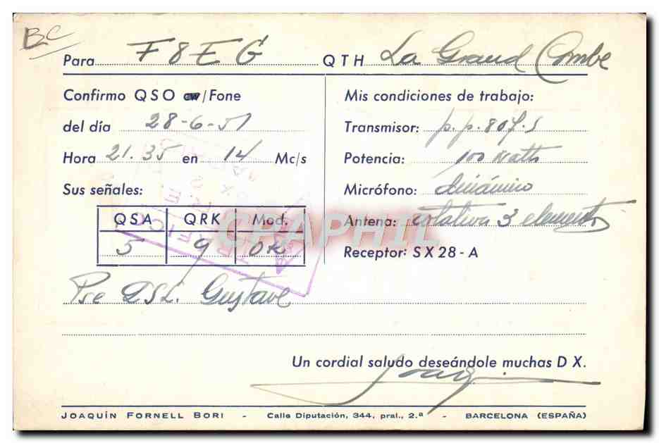 CPA Telegraphie FA3HH Joaquim Fornell Bori Calle Diputacion Barcelona — Reverso