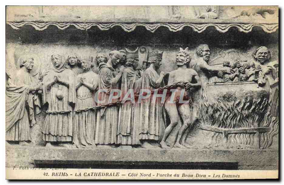 CPA Reims La cathedrale Cote Nord Porche du Beau Dieu Les damnes Diable 