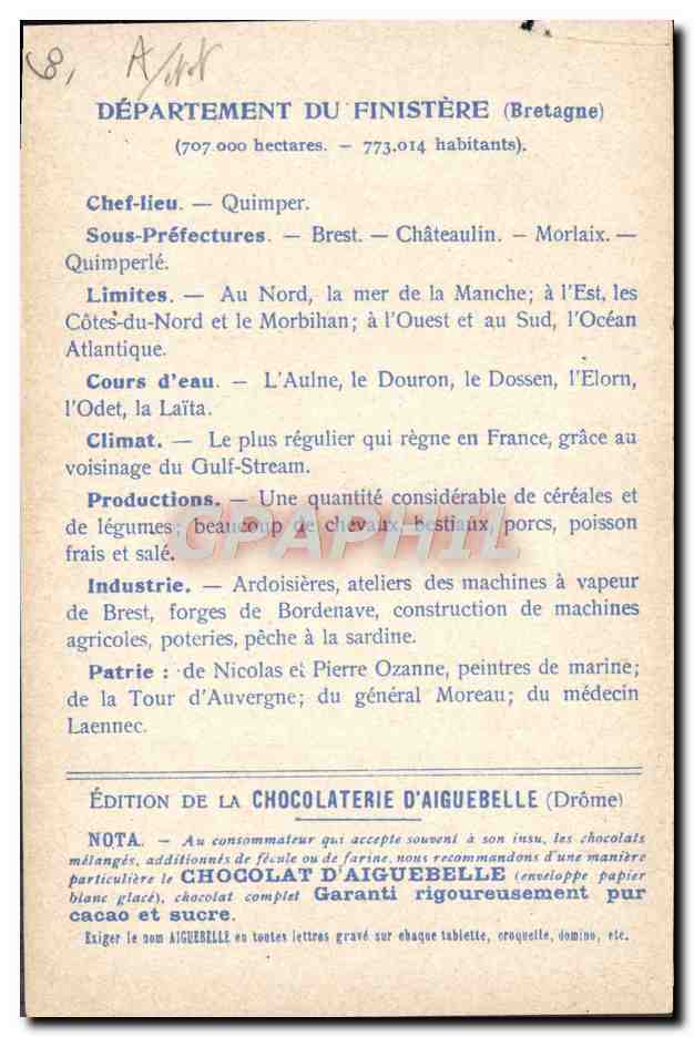 Die Departements: FINISTÈRE — Ausgabe der CHOCOLATERIE D'AIGUEBELLE — Rückseite