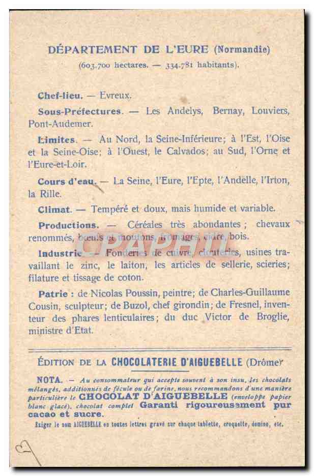 CPA Cartes geographiques Chocolaterie d'Aiguebelle Eure Vieilles maisons a Louviers — Rückseite