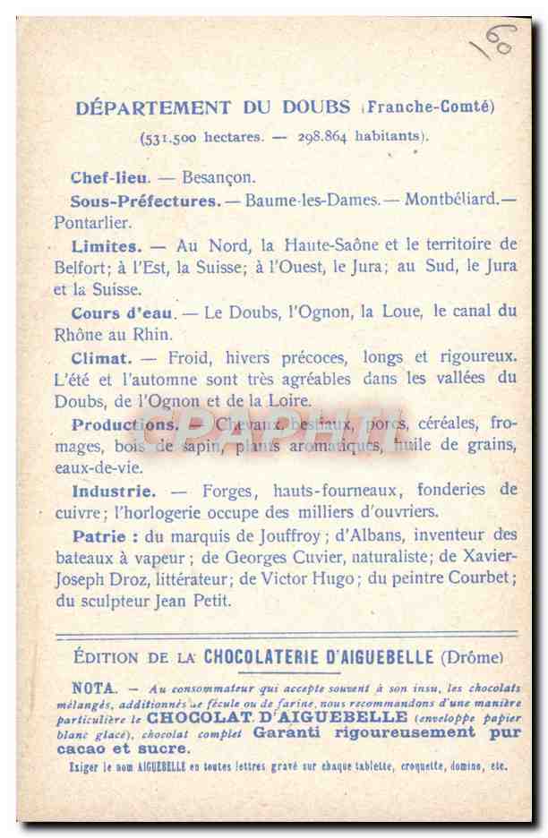 Les Départements : DOUBS — Édition de la CHOCOLATERIE D'AIGUEBELLE — Rückseite