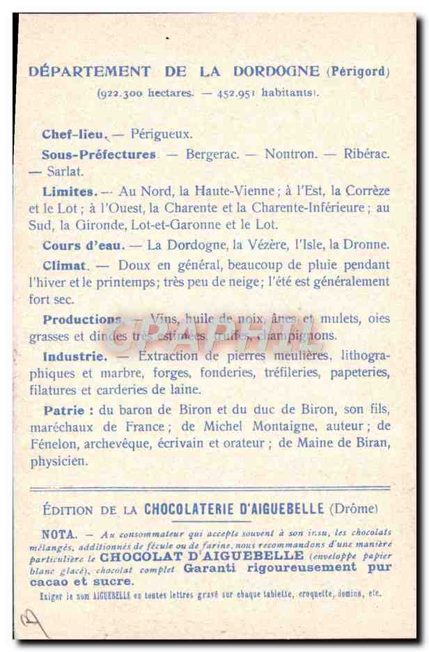 Dordogne — Carta dei dipartimenti — Edizione della Cioccolateria d'Aiguebelle — Verso