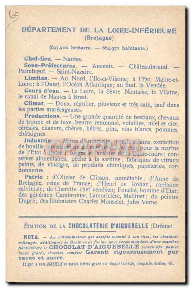 Loire-Inférieure — Carte des Départements — Édition de la Chocolaterie d'Aiguebelle — Rückseite