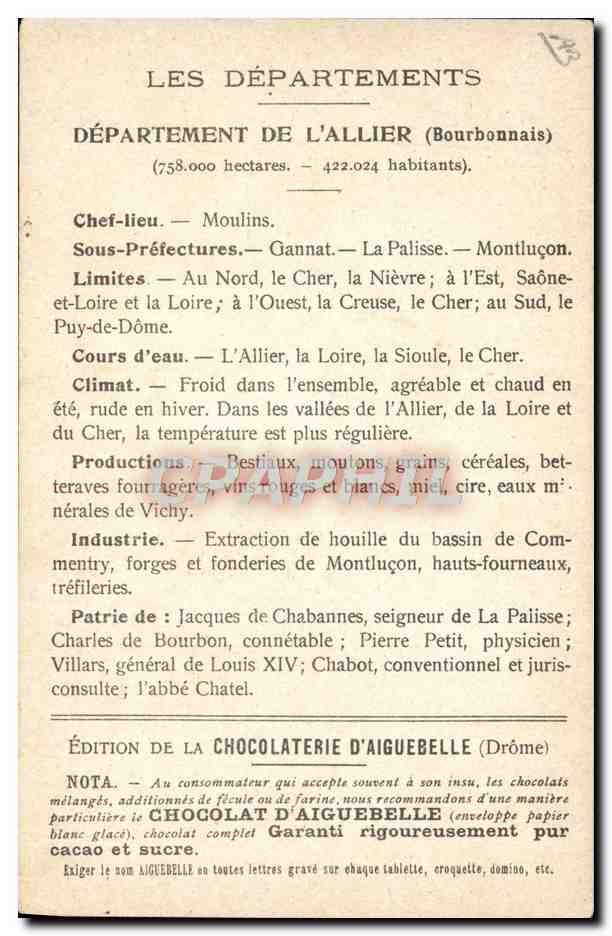 CPA Cartes geographiques Chocolaterie d'Aiguebelle Allier Bourbon l'Archambault  — Rückseite