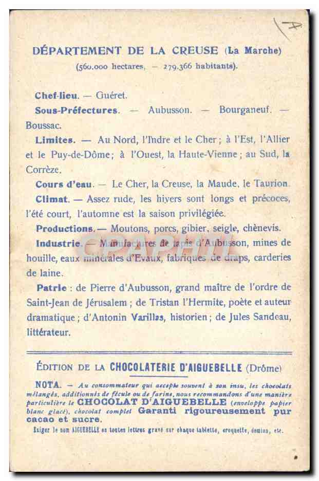 Département de la Creuse — Carte géographique et descriptive — Édition de la Chocolaterie d'Aiguebelle — Rückseite