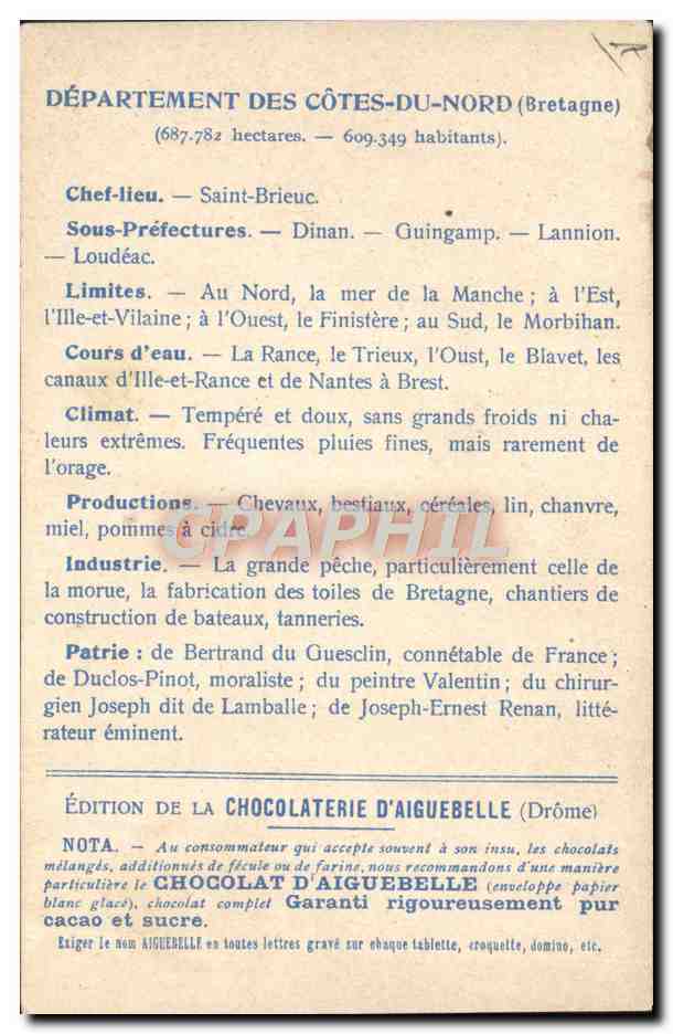 Carte des Départements : Côtes-du-Nord — Edition de la Chocolaterie D'Aiguebelle — Rückseite