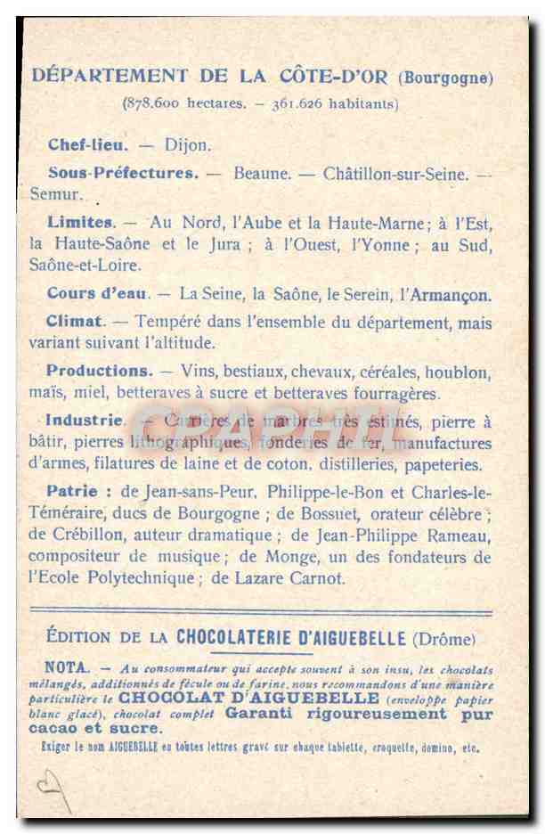 Côte-d'Or — Carte des Départements — Édition de la Chocolaterie d'Aiguebelle — Rückseite