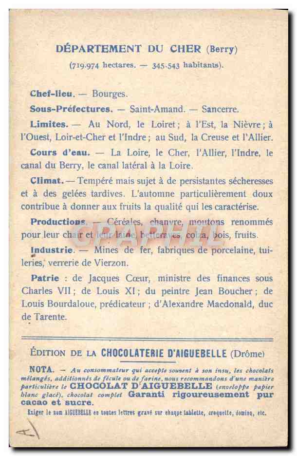 CPA Cartes geographiques Chocolaterie d'Aiguebelle Cher Cathedrale de Bourges — Rückseite