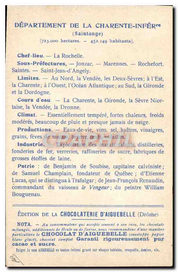 Charente-Inférieure — mapa geográfico y descriptivo — Edición de la Chocolatería de Aiguebelle — Reverso