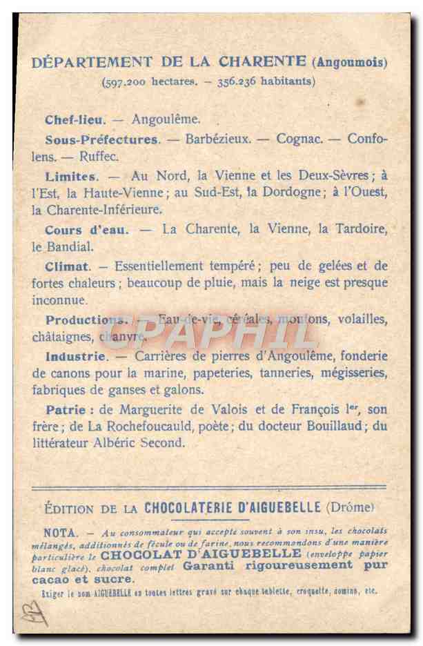 CPA Cartes geographiques Chocolaterie d'Aiguebelle Charente  — Rückseite