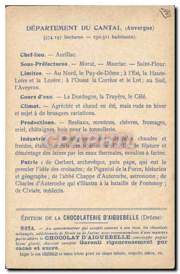 Les Départements : Cantal — Édition de la Chocolaterie d'Aiguebelle — Rückseite