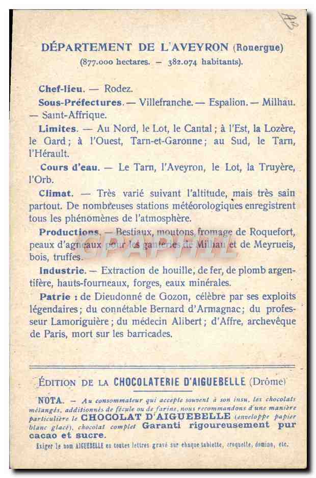 Die Departemente: AVEYRON — Ausgabe der CHOCOLATERIE D'AIGUEBELLE — Rückseite