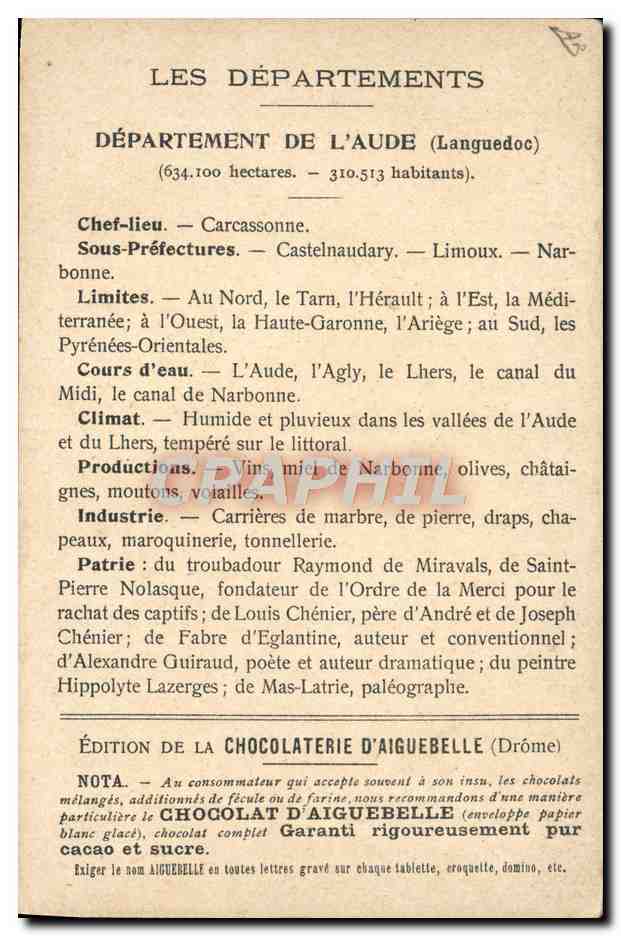 Les Départements : Aude — Édition de la Chocolaterie d'Aiguebelle — Rückseite