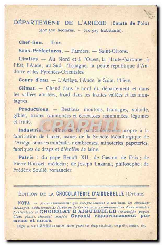 Les Départements : ARIÈGE — Édition de la CHOCOLATERIE D'AIGUEBELLE — Rückseite
