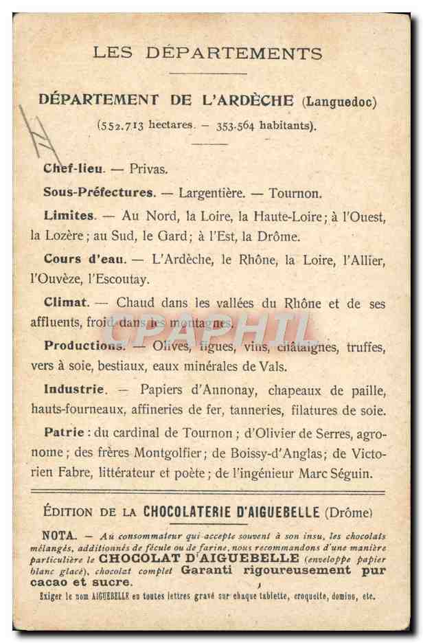 De Departementen: ARDÈCHE — Uitgave van de CHOCOLATERIE D'AIGUEBELLE — Achterkant