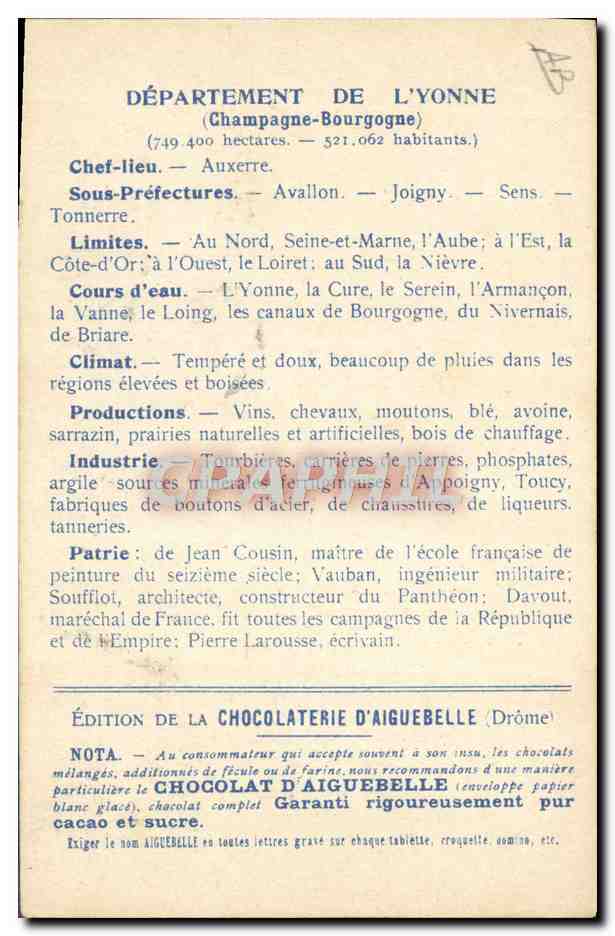 L'Yonne — Carta dei dipartimenti — Edizione della Cioccolateria d'Aiguebelle — Verso