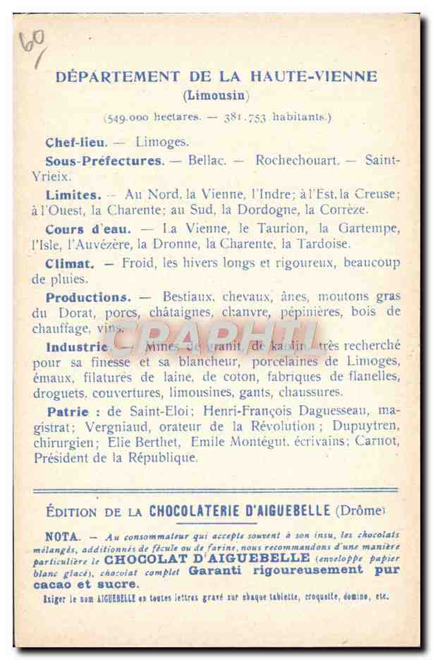 CPA Cartes geographiques Chocolaterie d'Aiguebelle Haute Vienne Limoges — Rückseite
