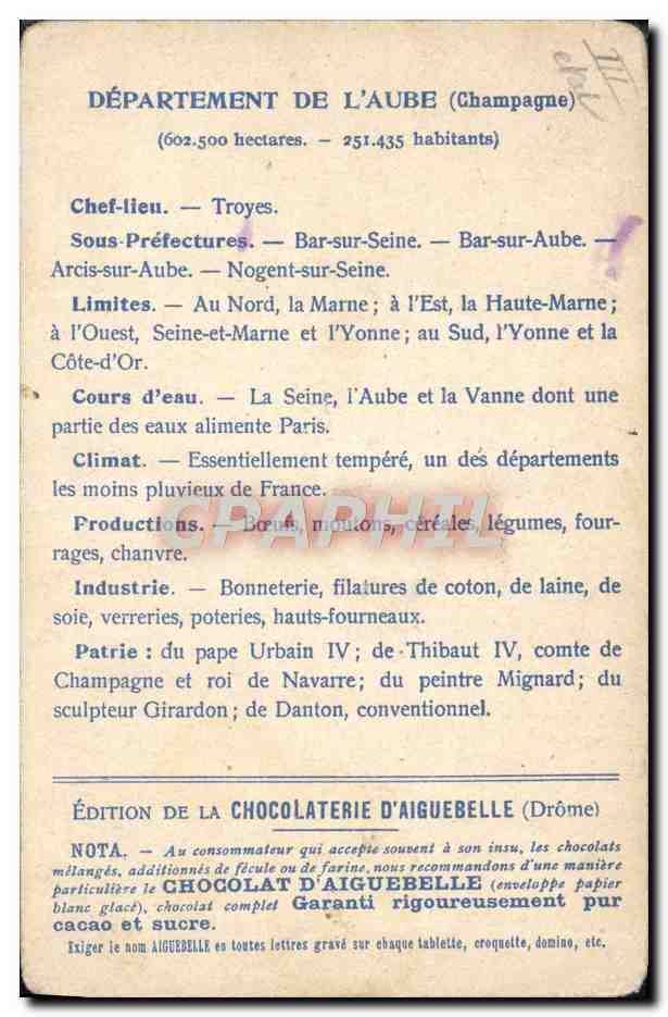 Los Departamentos: AUBE — Edición de la CHOCOLATERIE D'AIGUEBELLE — Reverso