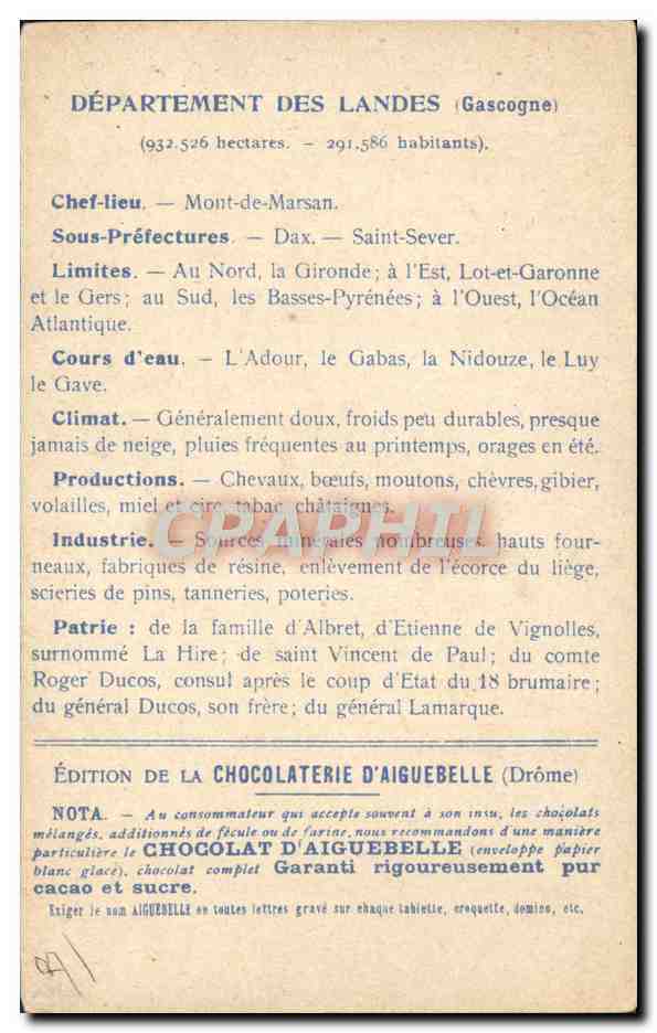 Die Departements: LANDES — Ausgabe der CHOCOLATERIE D'AIGUEBELLE — Rückseite