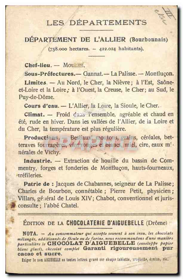 CPA Cartes geographiques Chocolaterie d'Aiguebelle Allier Bourbon l'Archambault  — Rückseite