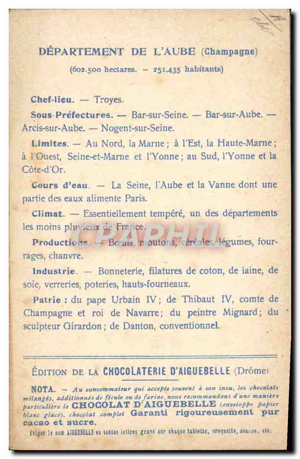 Les Départements : AUBE — Édition de la CHOCOLATERIE D'AIGUEBELLE — Reverso