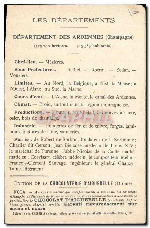 Les Départements : Ardennes — Édition de la Chocolaterie d'Aiguebelle — Verso