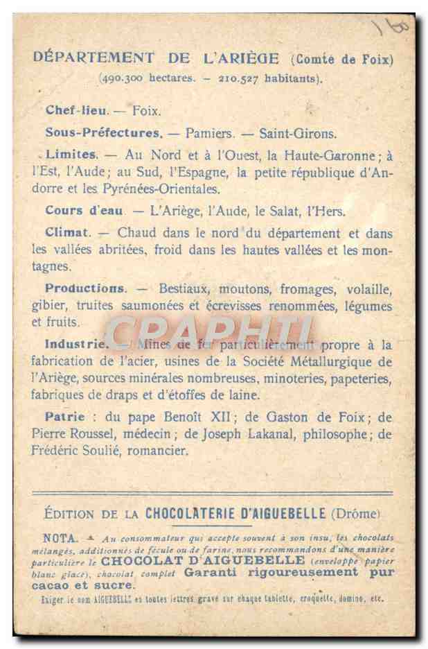 CPA Cartes geographiques Chocolaterie d'Aiguebelle Ariege chateau de Foix — Rückseite
