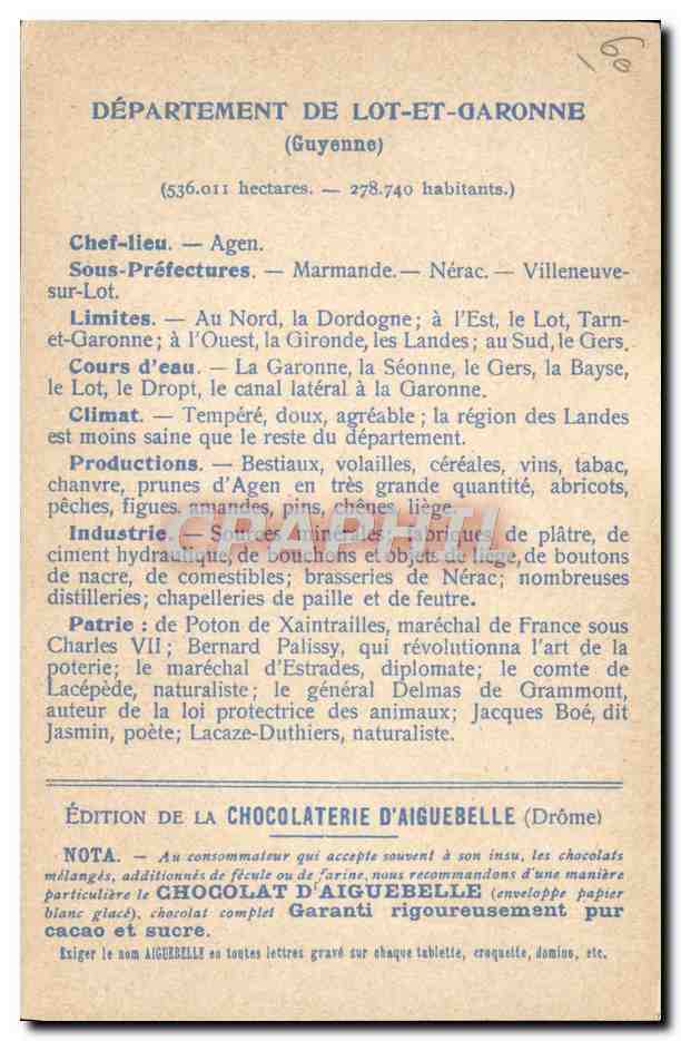 CPA Cartes geographiques Chocolaterie d'Aiguebelle Lot et Garonne Maison de Henri IV a Nerac — Rückseite