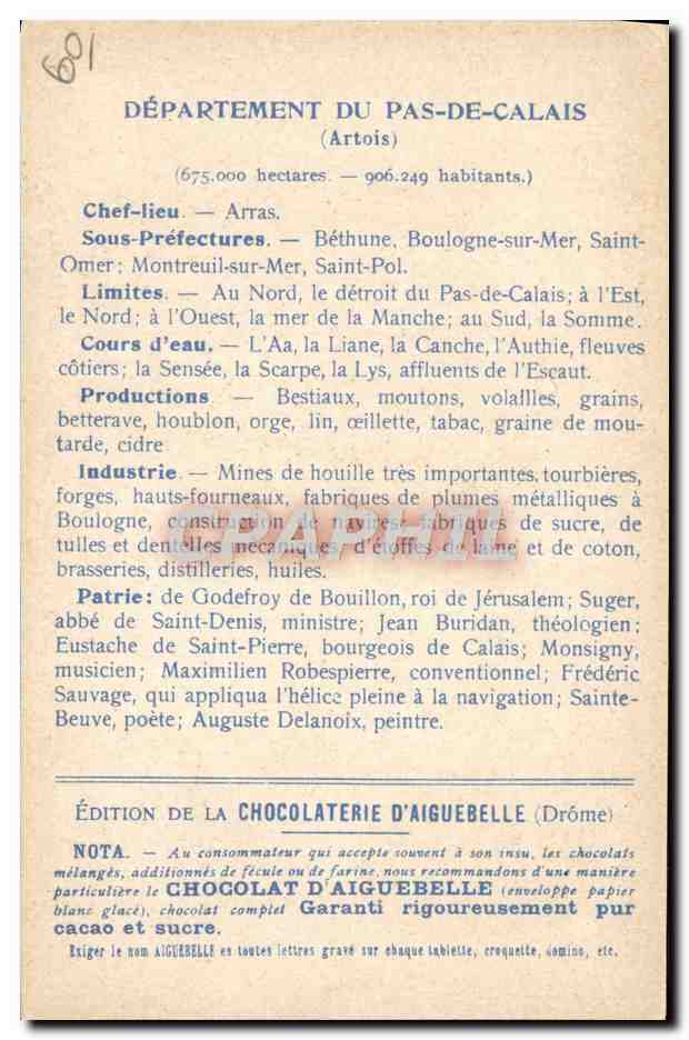 Les Départements : PAS-DE-CALAIS — Édition de la CHOCOLATERIE D'AIGUEBELLE — Rückseite
