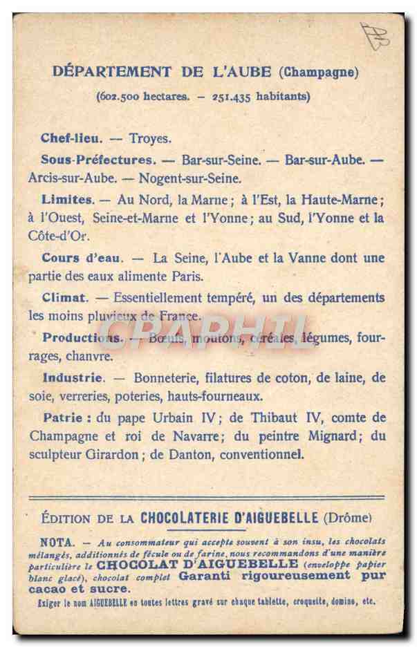 Die Departements: AUBE — Ausgabe von CHOCOLATERIE D'AIGUEBELLE — Rückseite
