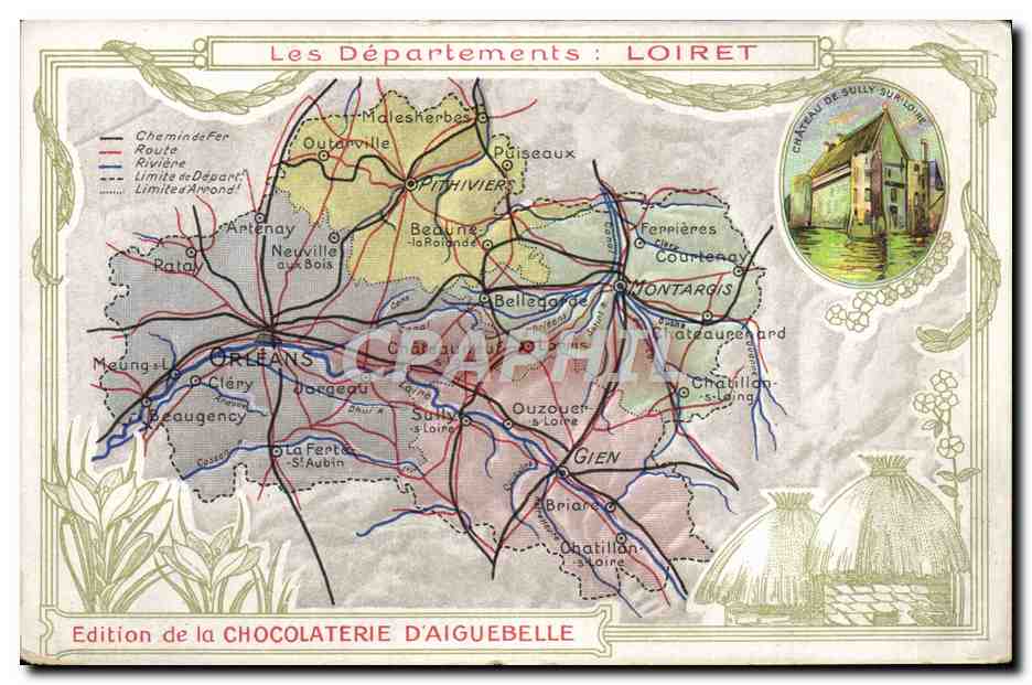 CPA Cartes geographiques Chocolaterie d'Aiguebelle Loiret Chateau de Sully sur Loire 