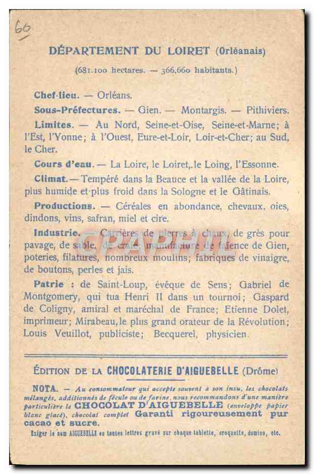 CPA Cartes geographiques Chocolaterie d'Aiguebelle Loiret Chateau de Sully sur Loire  — Rückseite