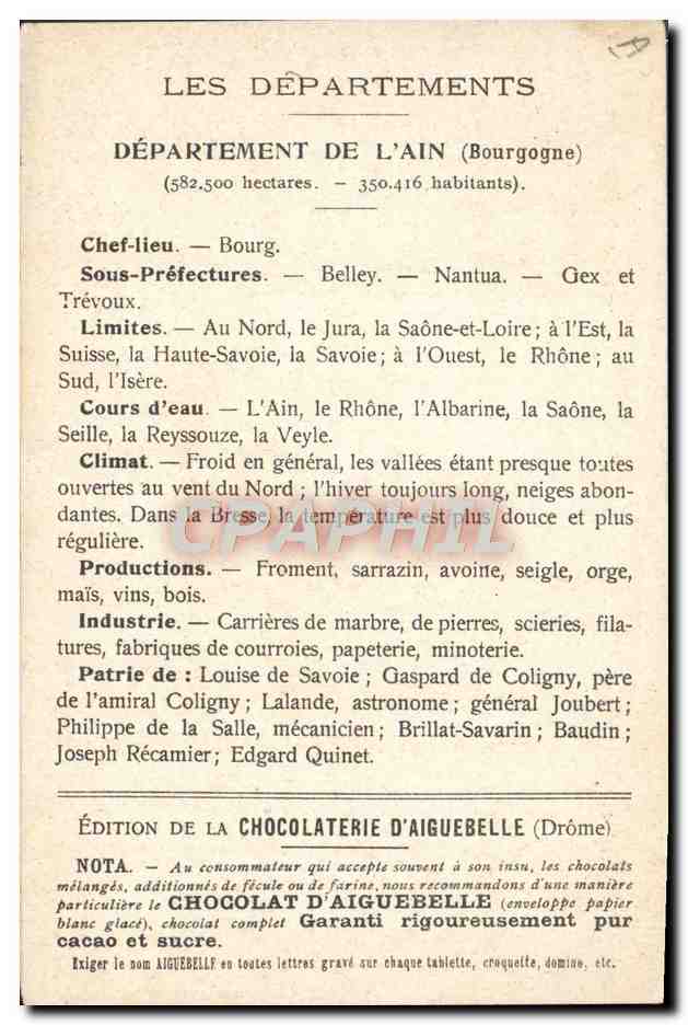 CPA Cartes geographiques Chocolaterie d'Aiguebelle Ain Lac de Natua — Rückseite