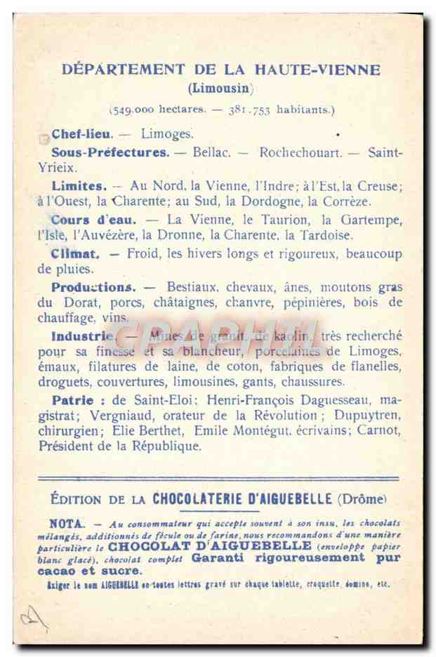 Haute-Vienne — Limousin — Édition de la Chocolaterie d'Aiguebelle — Rückseite