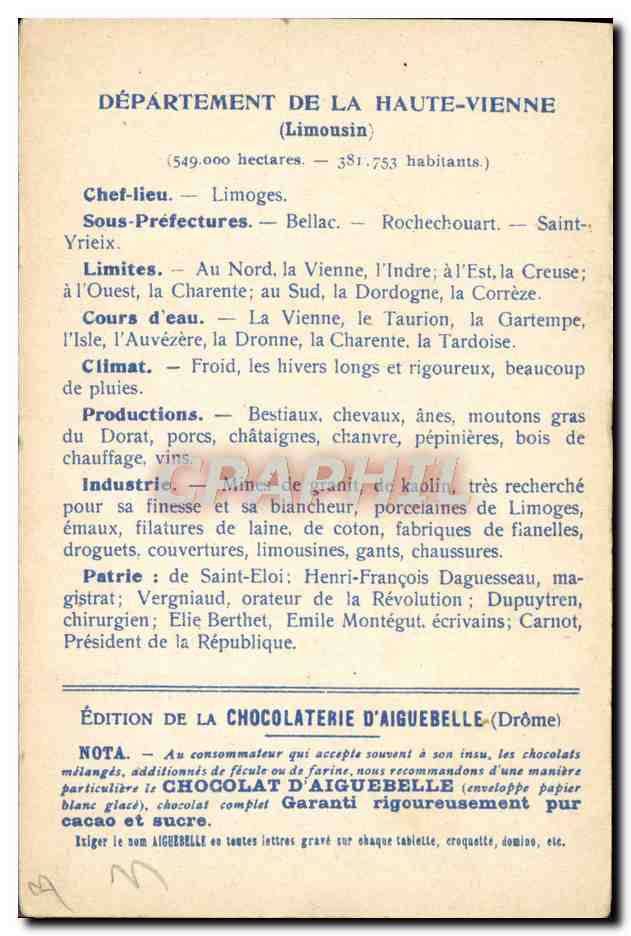 CPA Cartes geographiques Chocolaterie d'Aiguebelle Haute Vienne Limoges — Rückseite