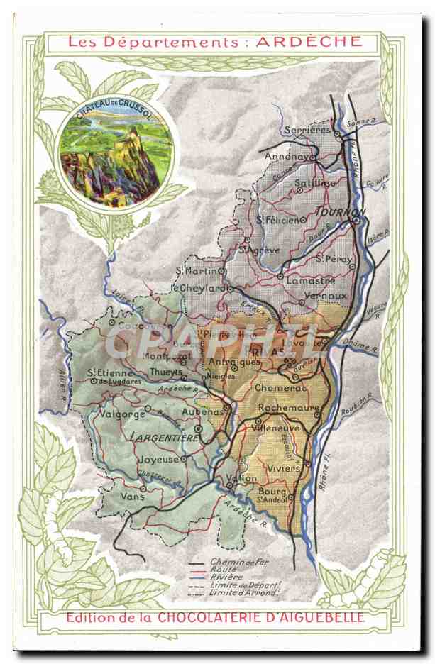CPA Cartes geographiques Chocolaterie d'Aiguebelle Ardeche Chateau de Crussol