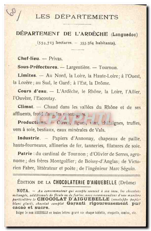 CPA Cartes geographiques Chocolaterie d'Aiguebelle Ardeche Chateau de Crussol — Rückseite