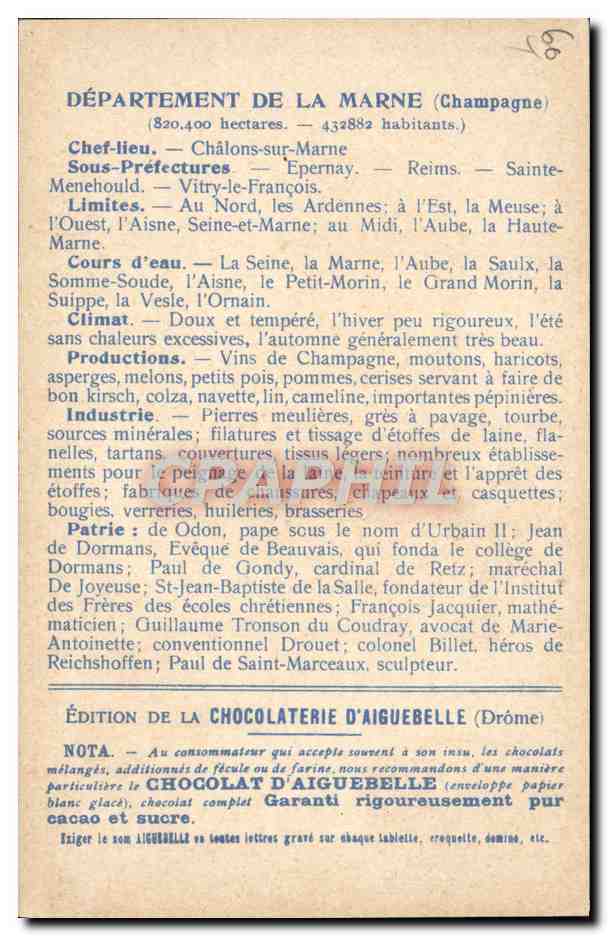 CPA Cartes geographiques Chocolaterie d'Aiguebelle Marne Cathedrale de Reims — Rückseite