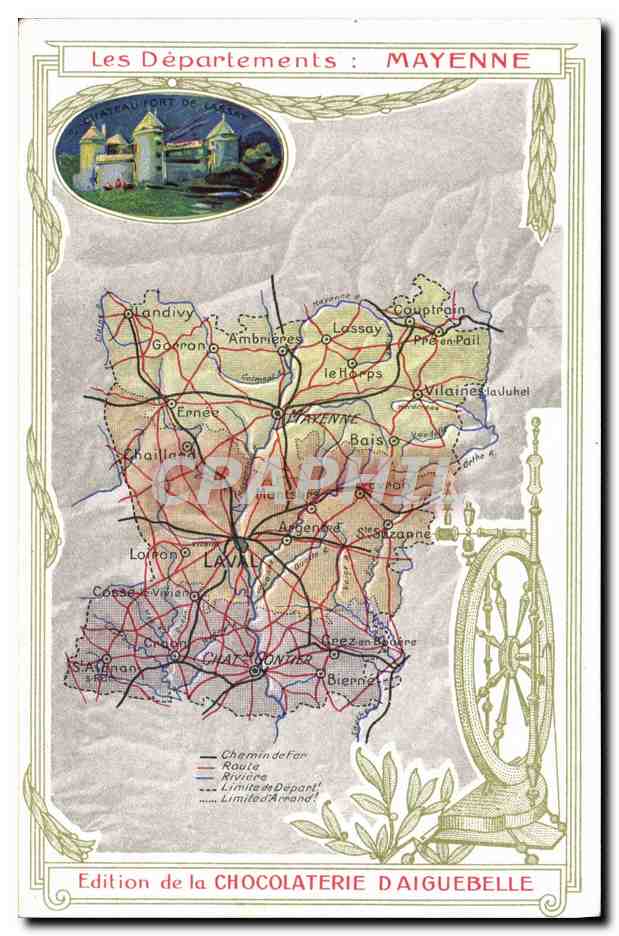 CPA Cartes geographiques Chocolaterie d'Aiguebelle mayenne Chateau Fort de Lassay