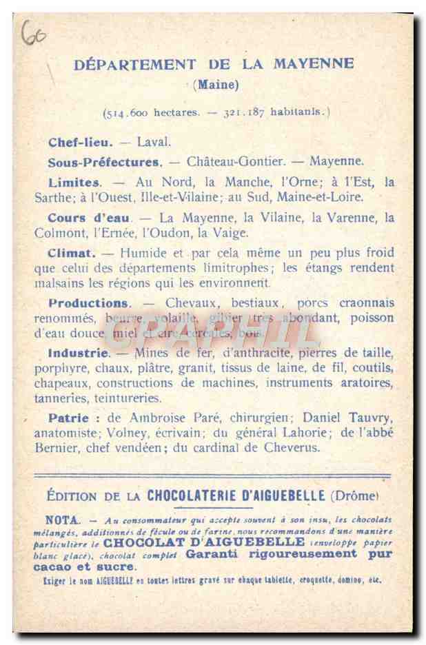 CPA Cartes geographiques Chocolaterie d'Aiguebelle mayenne Chateau Fort de Lassay — Rückseite
