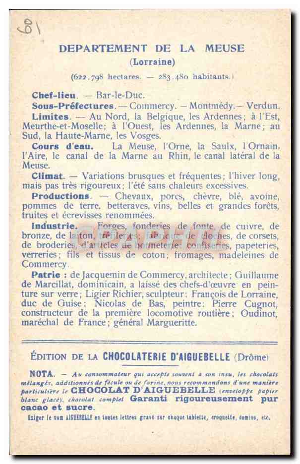 CPA Cartes geographiques Chocolaterie d'Aiguebelle Meuse Porte de la Chausse a Verdun — Rückseite