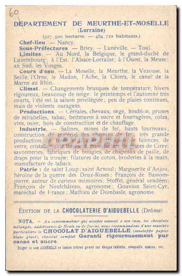 CPA Cartes geographiques Chocolaterie d'Aiguebelle Meurthe et Moselle Nancy Palais ducal — Rückseite