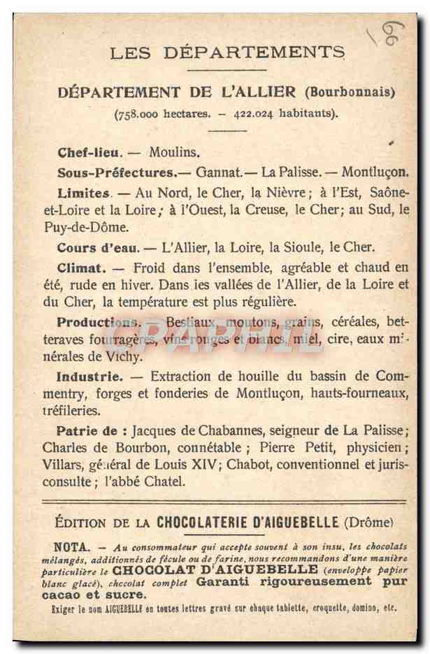 I Dipartimenti: ALLIER — Edizione della CHOCOLATERIE D'AIGUEBELLE — Verso