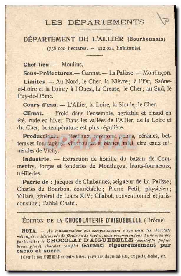 CPA Cartes geographiques Chocolaterie d'Aiguebelle Allier Bourbon l'Archambault — Reverso