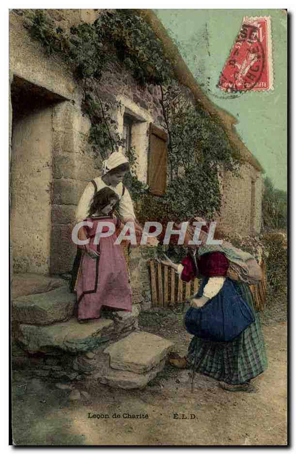 CPA Folklore Lecon de charite Mendiante