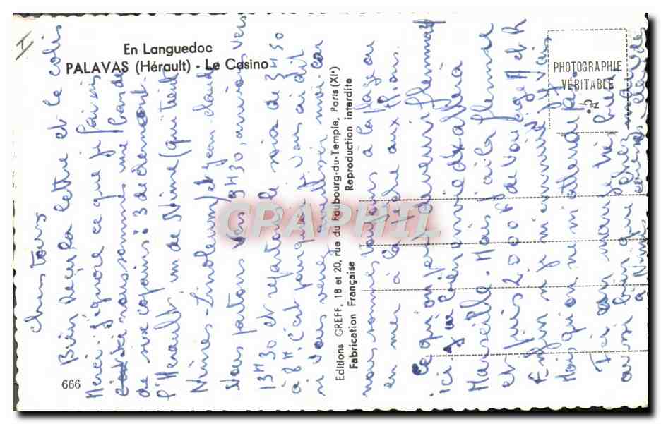 CPM Bateau Peche Palavas Le casino La Riviera Hotell Tanagra — Verso