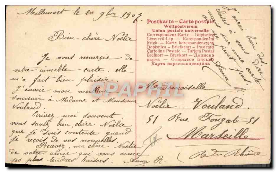 Mallemort — Carte postale universelle — Union postale universelle — Reverso