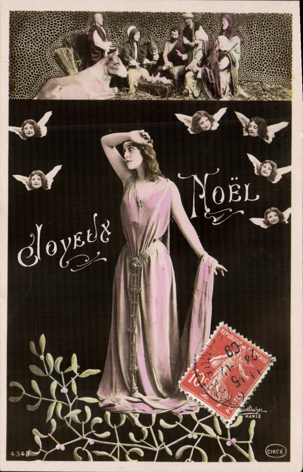 Natale — scena della Natività e donna in abito rosa — editore CIRCÉ, n° 4348